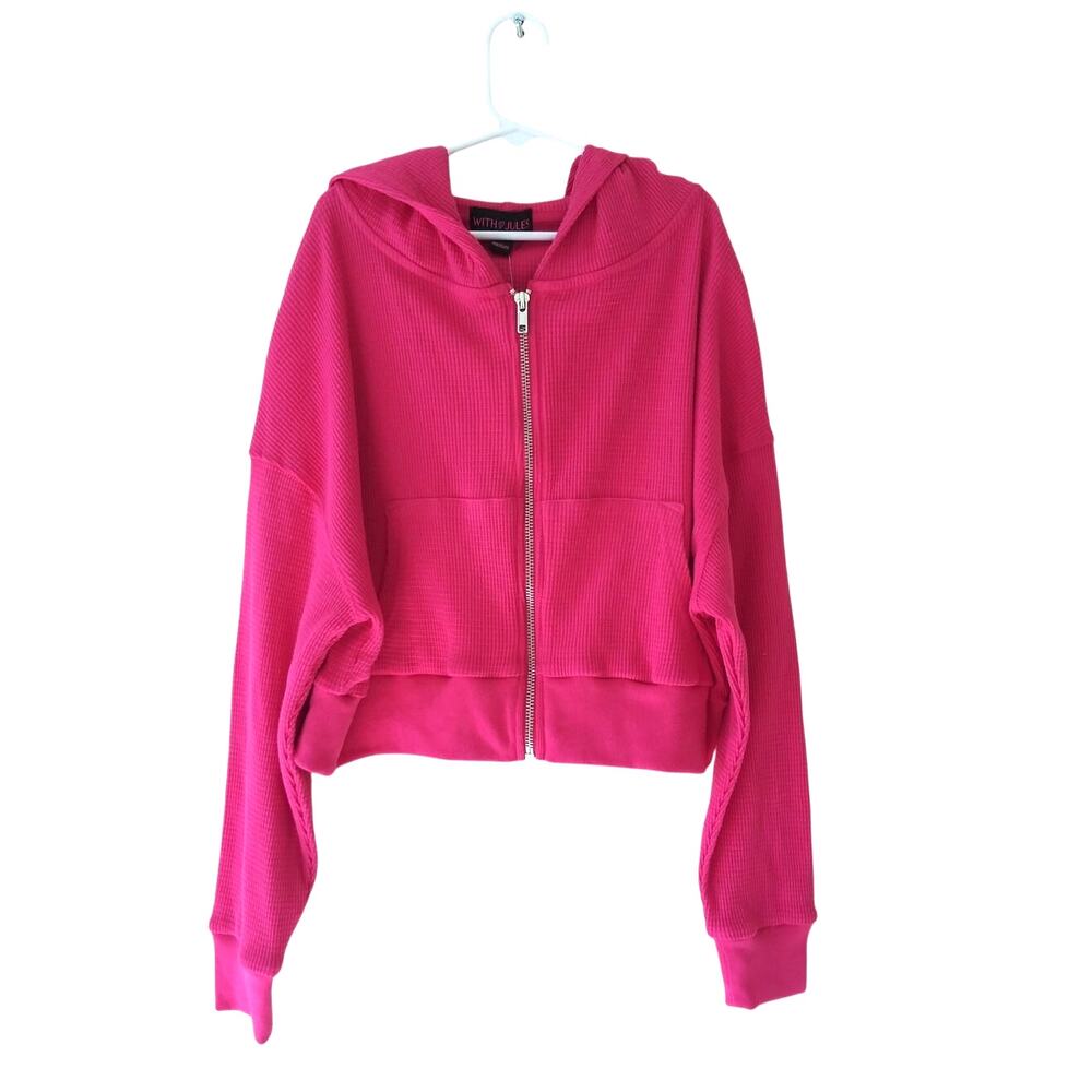 NWT With Love Jules Girl's Bright Pink Waffle Knit Zip-up Hooded Jacket Pink L